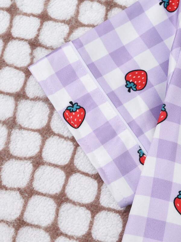 Young Girl Gingham & Strawberry Print Lapel Neck PJ Set