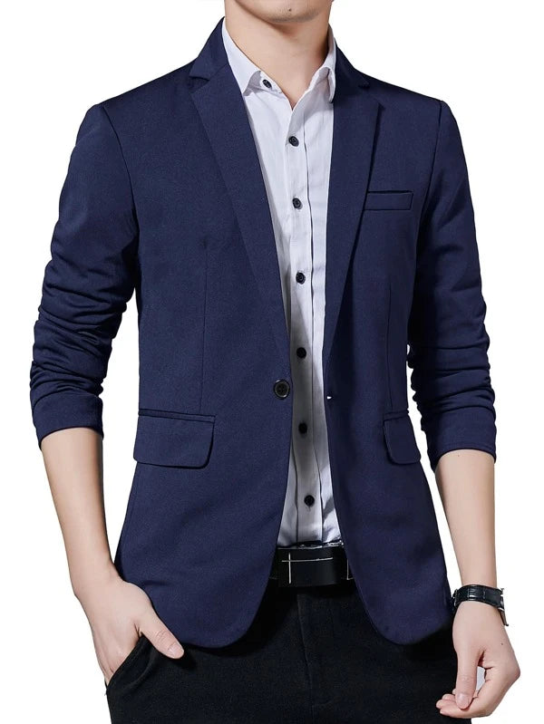 Men Solid Lapel Neck Single Button Blazer