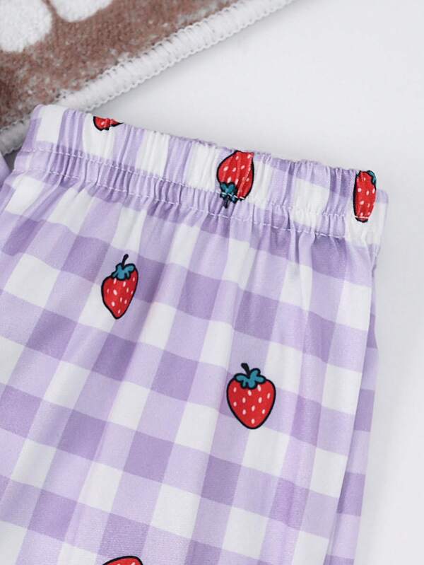 Young Girl Gingham & Strawberry Print Lapel Neck PJ Set