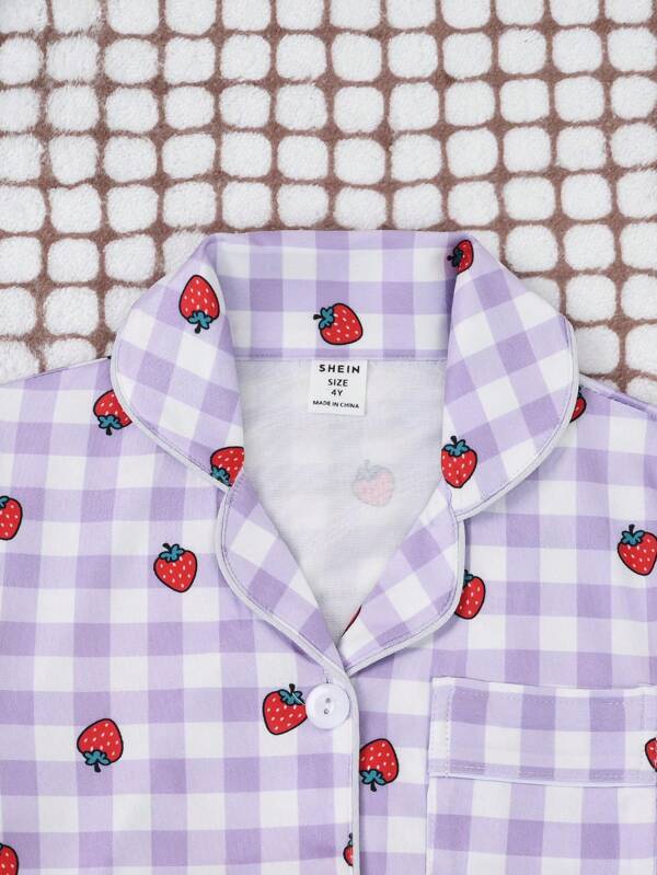 Young Girl Gingham & Strawberry Print Lapel Neck PJ Set