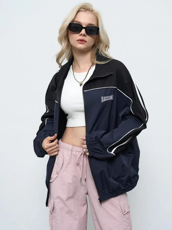 SHEIN Letter Graphic Contrast Piping Zip Up Jacket