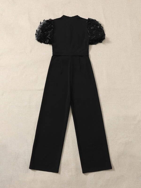 SHEIN Teen Girls Appliques Contrast Lace Puff Sleeve Belted Jumpsuit