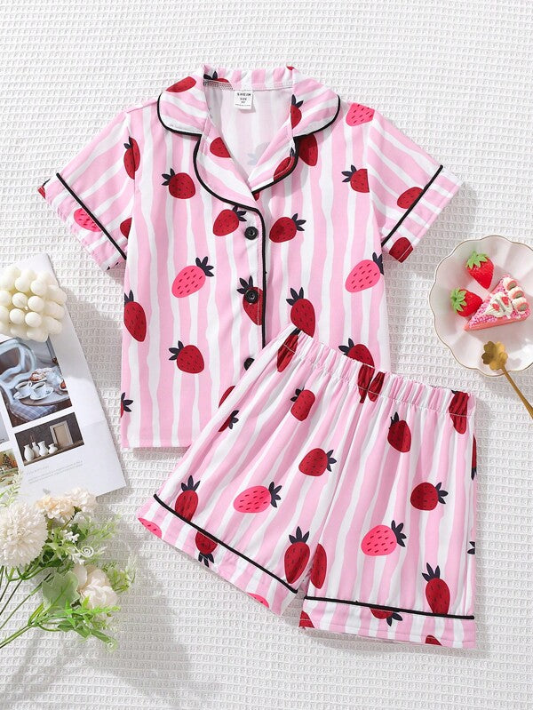 Toddler Girls Striped & Strawberry Print Contrast Piping PJ Set