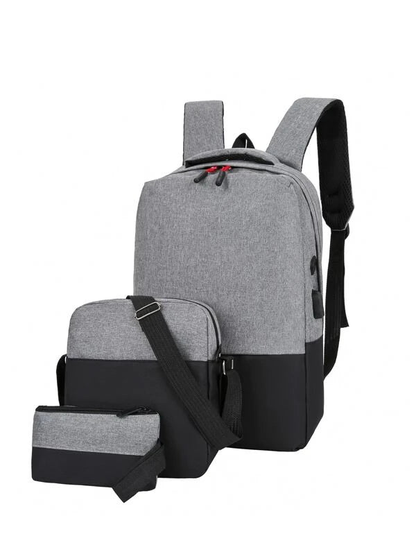 3pcs Men Two Tone USB Charging Port Laptop Backpack Set