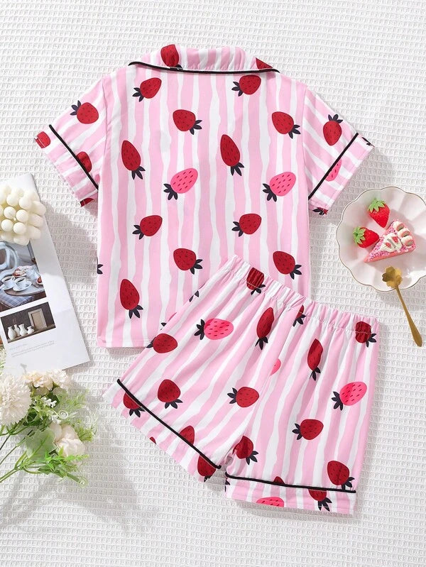 Toddler Girls Striped & Strawberry Print Contrast Piping PJ Set