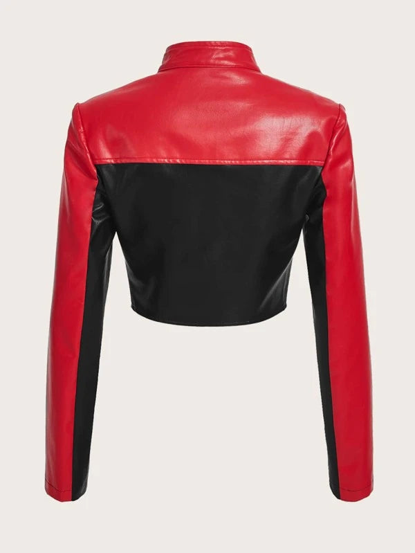 SHEIN ICON Bikercore Colorblock Zip Up PU Leather Jacket