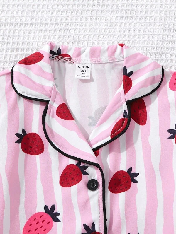 Toddler Girls Striped & Strawberry Print Contrast Piping PJ Set