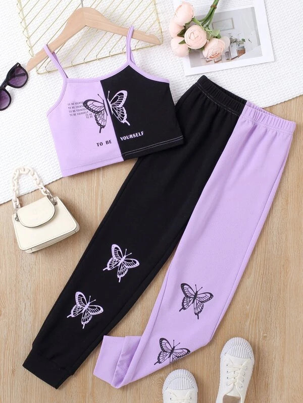 Girls Butterfly Print Cami Top & Two Tone Sweatpants