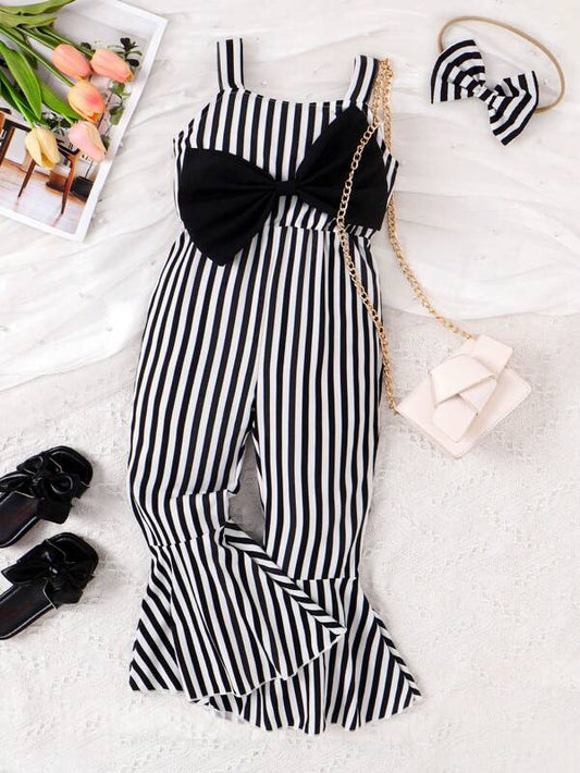 SHEIN Kids EVRYDAY Toddler Girls Striped Print Bow Front Flare Leg Cami Jumpsuit & Headband