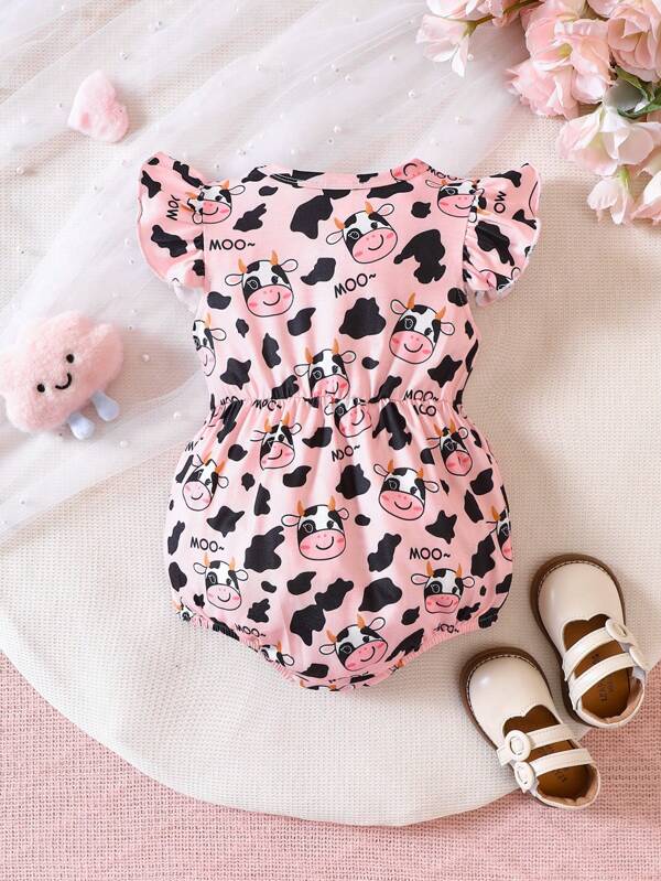 Baby Cow Print Ruffle Trim Bow Front Bodysuit