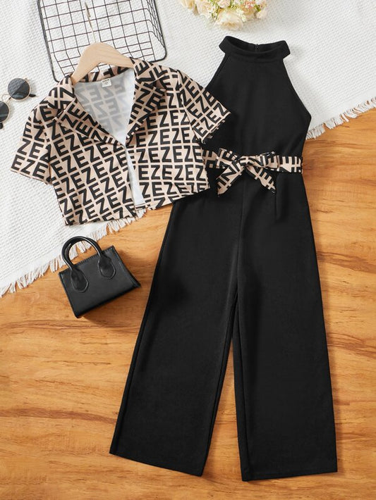 SHEIN Girls Allover Print Shirt & Belted Halter Jumpsuit