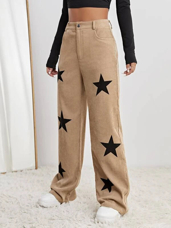 SHEIN Coolane Star Print High Waist Straight Leg Pants