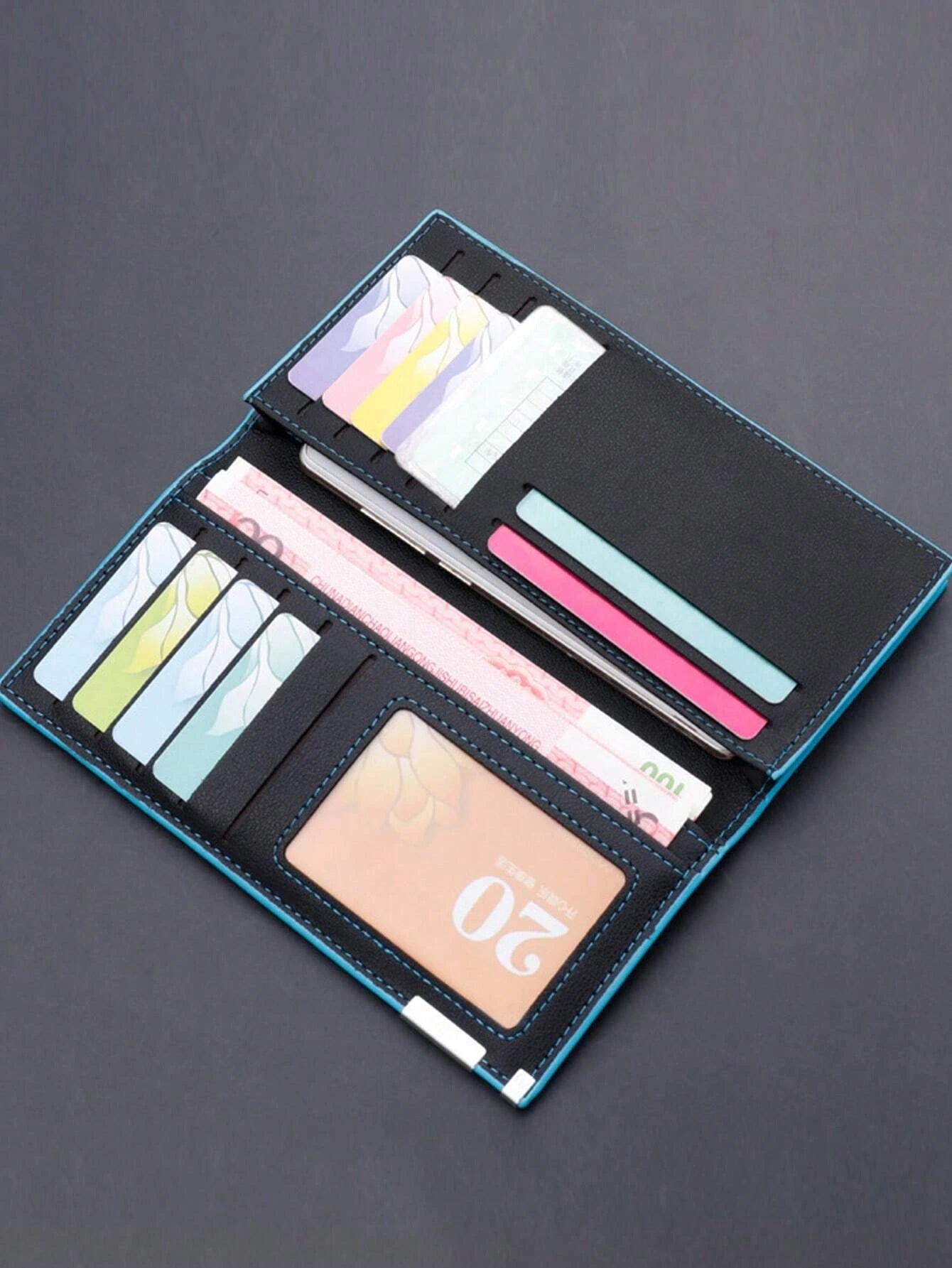 Colorblock Long Wallet Metal Decor Credit Card Holder For Daily