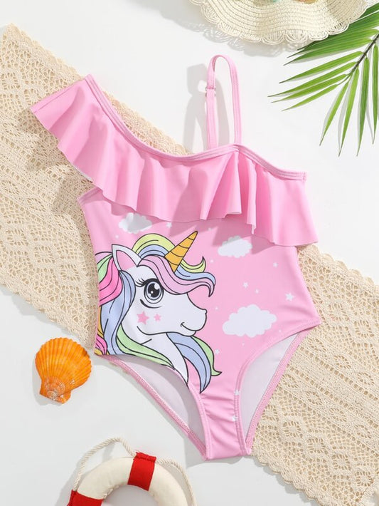 SHEIN Kids QTFun Toddler Girls Unicorn Print Ruffle Trim One Piece Swimsuit