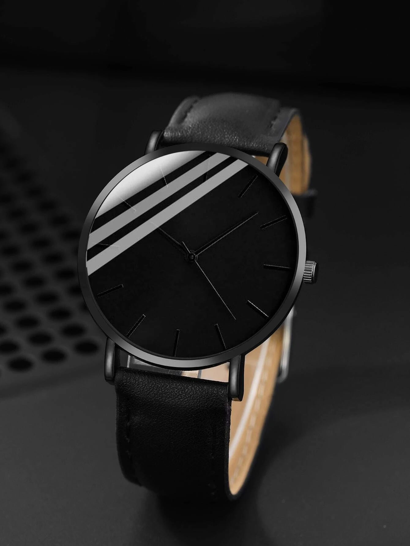 1pc Men Black PU Polyurethane Strap Casual Round Dial Quartz Watch & 2pcs Jewelry Set, For Daily Life