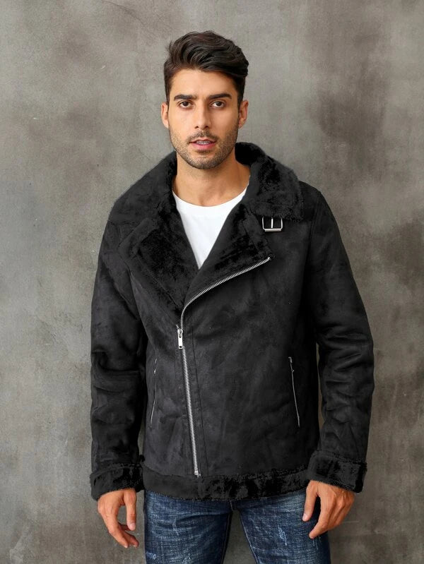 Men Teddy Lined Zip Up Faux Suede Coat