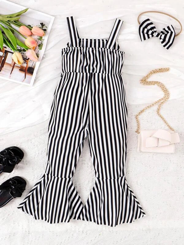 SHEIN Kids EVRYDAY Toddler Girls Striped Print Bow Front Flare Leg Cami Jumpsuit & Headband