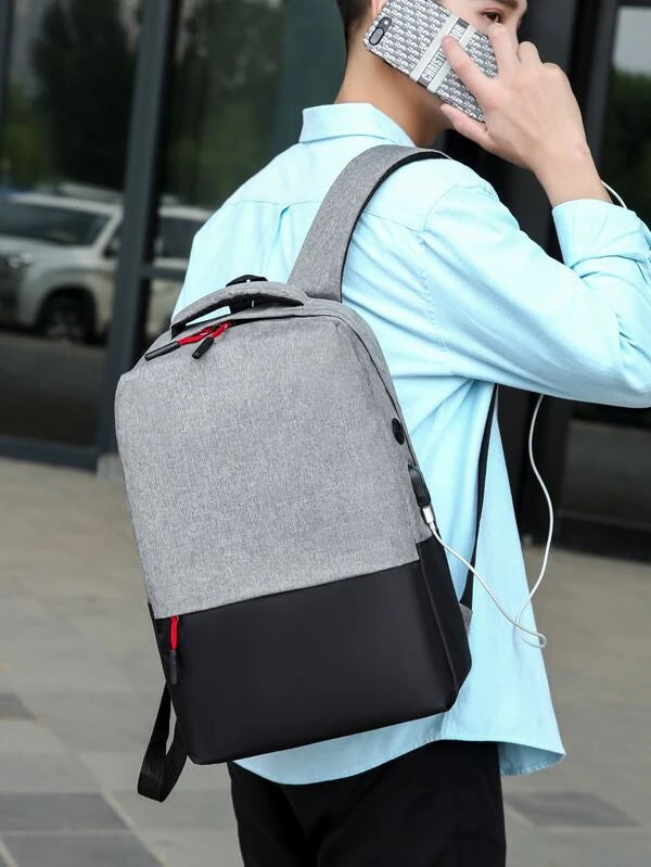 3pcs Men Two Tone USB Charging Port Laptop Backpack Set