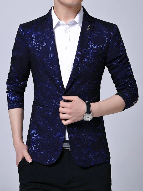 Men Allover Print Brooch Detail Single Button Blazer