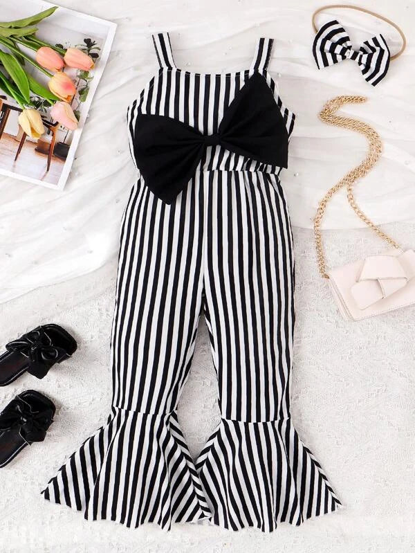 SHEIN Kids EVRYDAY Toddler Girls Striped Print Bow Front Flare Leg Cami Jumpsuit & Headband