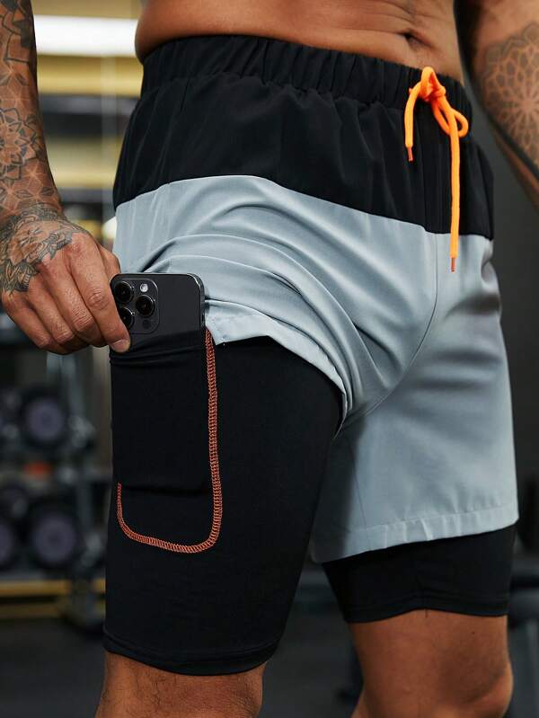 Fitness Men Colorblock Drawstring Waist 2 In 1 Sports Shorts With Phone Pocket