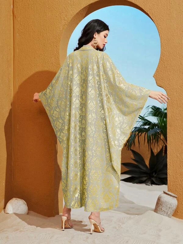 SHEIN Najma Gold Floral Print Batwing Sleeve Coat & Dress