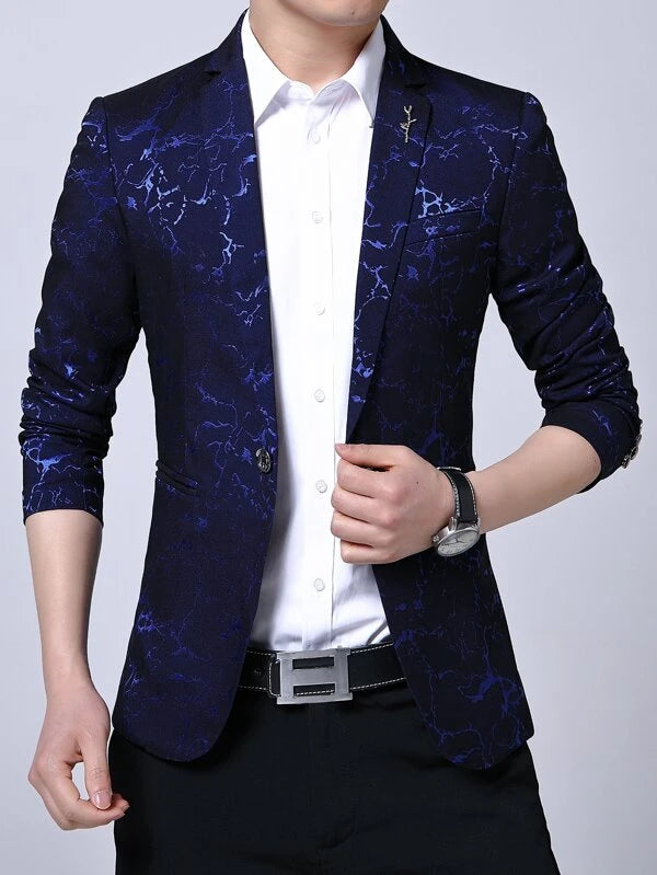 Men Allover Print Brooch Detail Single Button Blazer