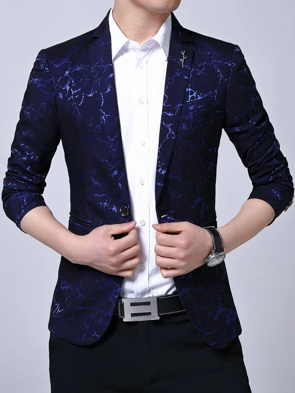 Men Allover Print Brooch Detail Single Button Blazer