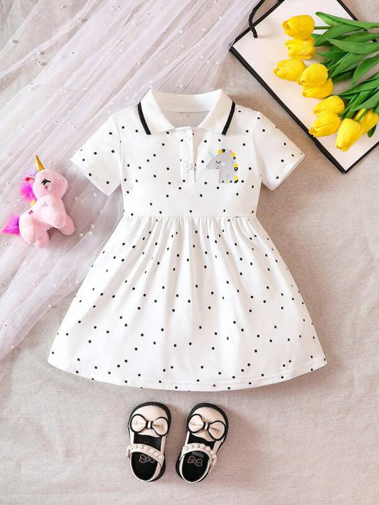 Baby Polka Dot & Unicorn Print Polo Neck Dress