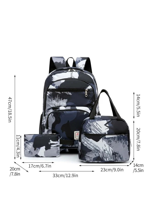 3pcs Men Graffiti Print Letter Patch Decor Casual Daypack Set