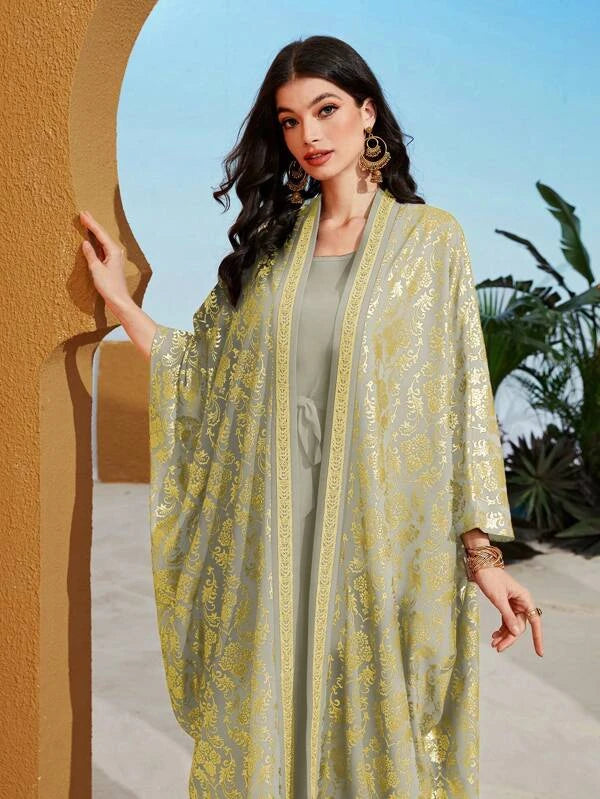 SHEIN Najma Gold Floral Print Batwing Sleeve Coat & Dress