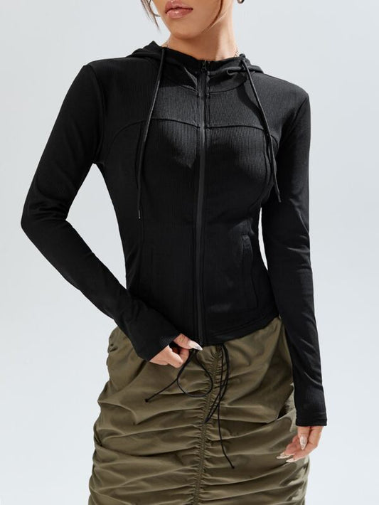 SHEIN EZwear Solid Zip Up Drawstring Hooded Jacket