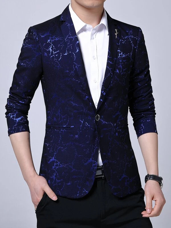 Men Allover Print Brooch Detail Single Button Blazer