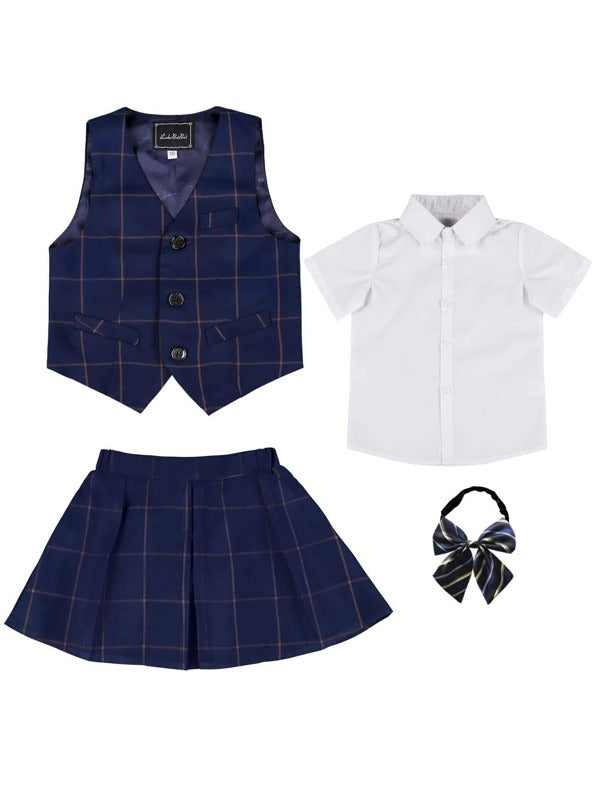 Toddler Girls Plaid Print Vest Jacket & Pleated Skirt & Shirt & Bow Tie