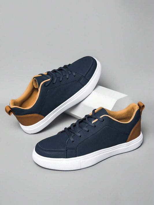 Sporty Skate Shoes For Men, Two Tone Patch Decor Lace Up Sneakers