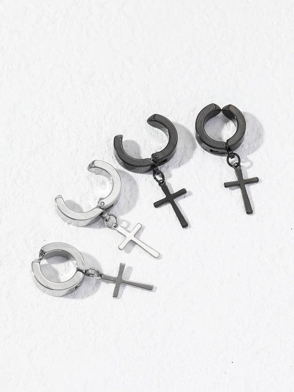 12pairs/set Men Cross & Feather Decor Ear Cuffs, Stainless Steel Jewelry