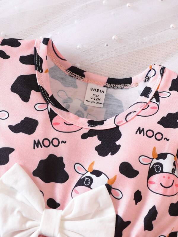 Baby Cow Print Ruffle Trim Bow Front Bodysuit