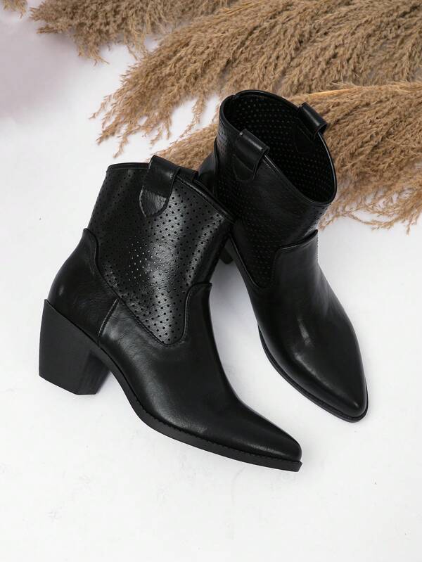 Women's Fashionable Pointed Toe Western Style Hollow Out Chunky Heel High Heel Boots