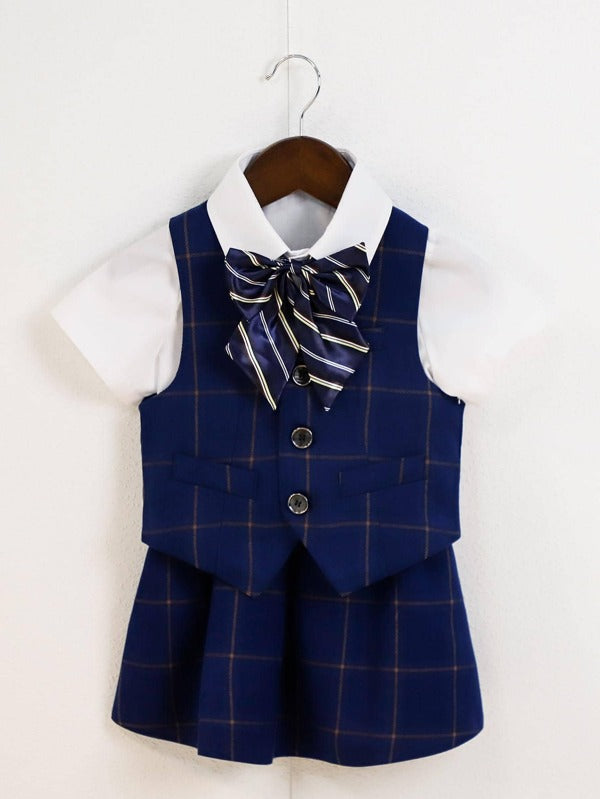 Toddler Girls Plaid Print Vest Jacket & Pleated Skirt & Shirt & Bow Tie