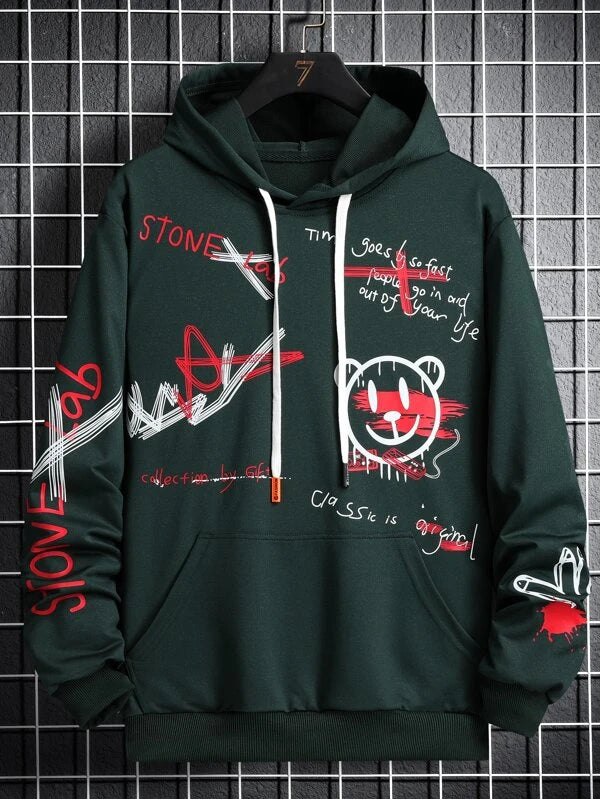 Manfinity EMRG Men Cartoon & Slogan Graphic Drawstring Hoodie