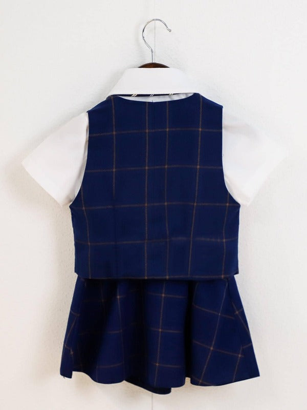 Toddler Girls Plaid Print Vest Jacket & Pleated Skirt & Shirt & Bow Tie