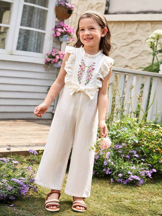 SHEIN Kids SUNSHNE Toddler Girls Floral Embroidery Ruffle Trim Bow Detail Jumpsuit