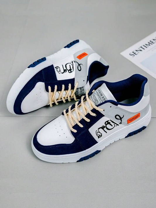 Sporty Skate Shoes For Men, Colorblock Letter Patch Decor Lace Up Sneakers