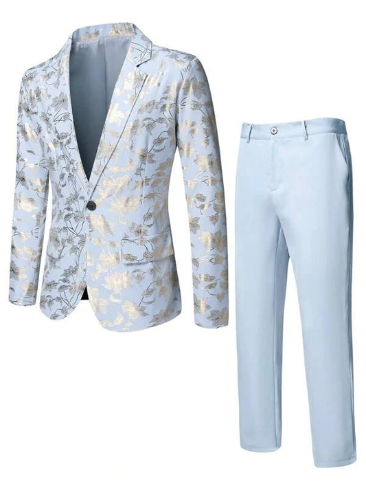 Men Floral Jacquard Single Button Blazer & Suit Pants