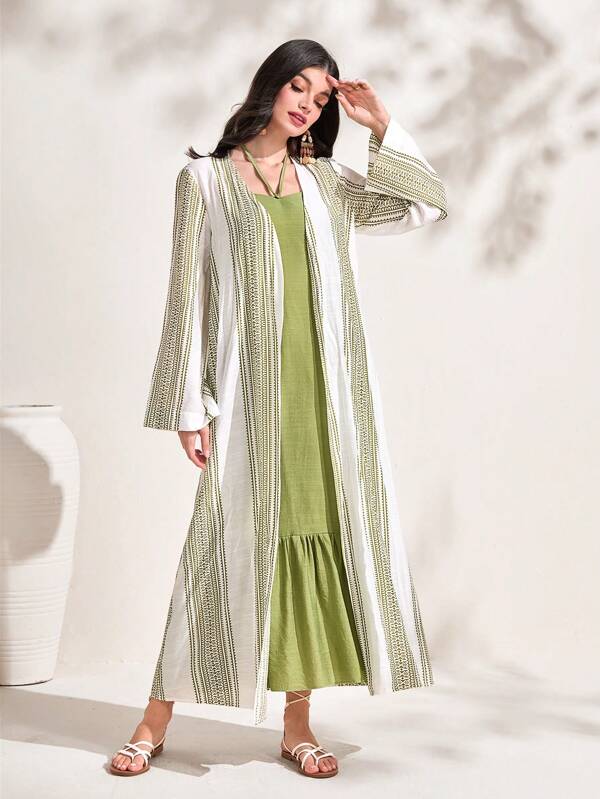 SHEIN Najma Striped Print Open Front Abaya & Cami Dress