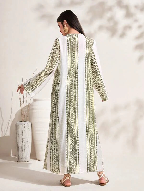 SHEIN Najma Striped Print Open Front Abaya & Cami Dress