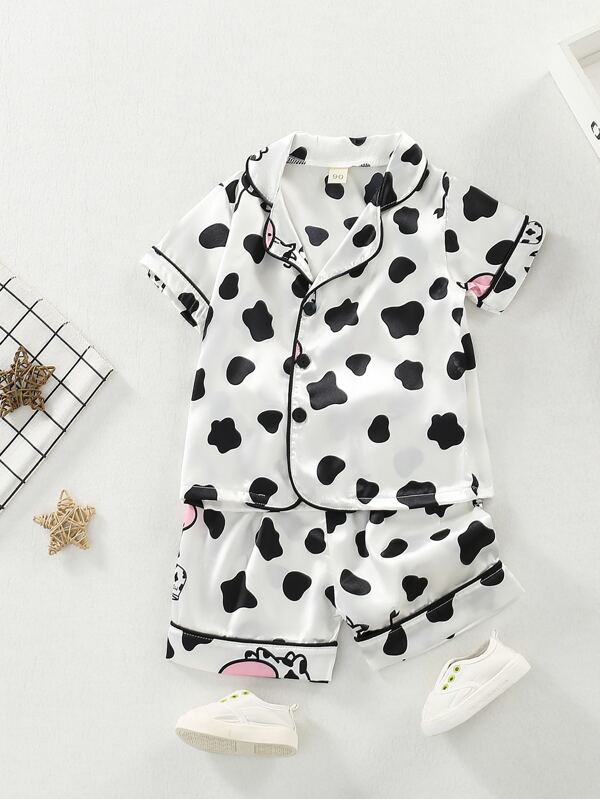 SHEIN Kids EVRYDAY Toddler Girls Cow Print Contrast Binding Satin PJ Set