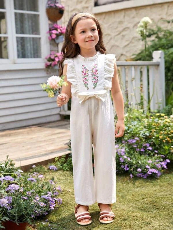 SHEIN Kids SUNSHNE Toddler Girls Floral Embroidery Ruffle Trim Bow Detail Jumpsuit