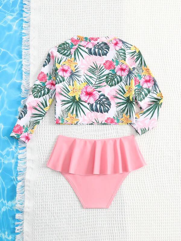 SHEIN Kids SUNSHNE Toddler Girls Swimsuit Set With Long Sleeve Printed Top & Bikini Bottom