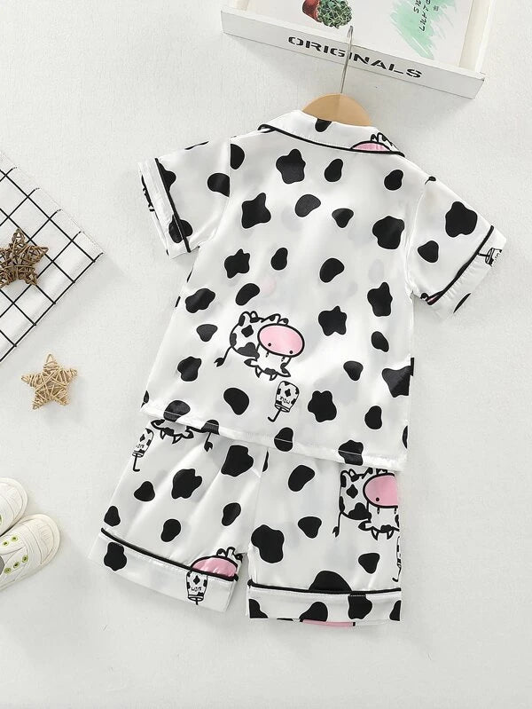 SHEIN Kids EVRYDAY Toddler Girls Cow Print Contrast Binding Satin PJ Set